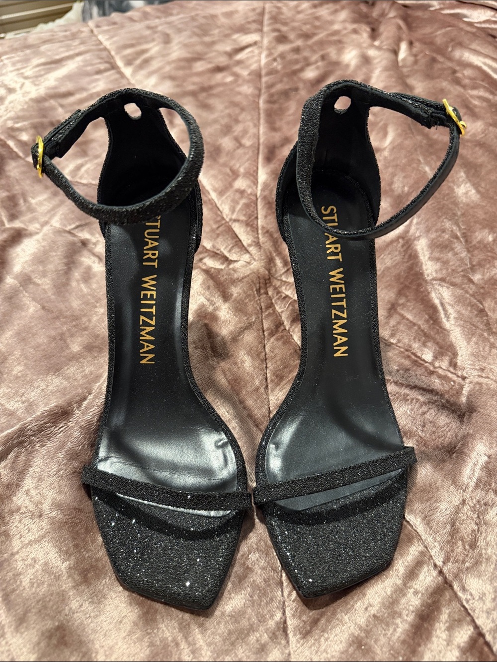 Stuart Weitzman Black Glitter Ankle-Strap Sandals with Gold Buckles 8 1/2